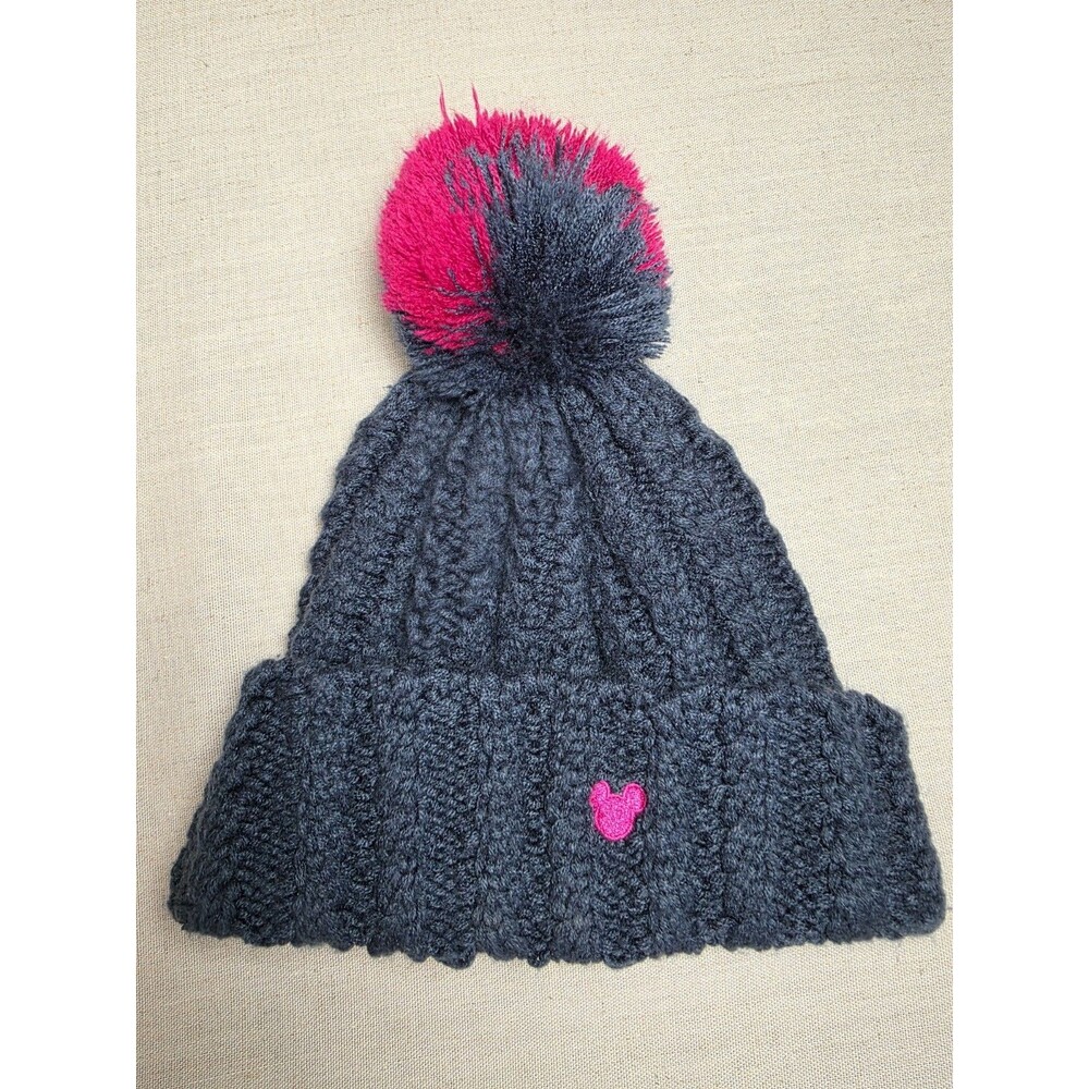 Disney Parks Mickey Mouse Beanie Navy Pink Pom Pom Cable Knit Hat Adult One Size